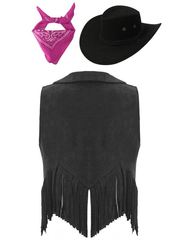 Girl 3pcs Cowgirl Costume Suede Tassels Vest with Hat Bandanna Set thumb