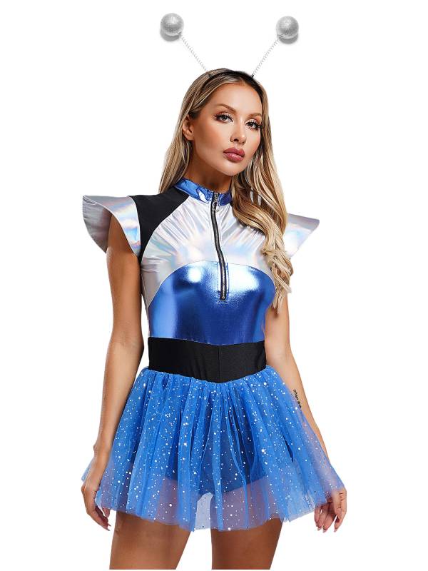 Women Cap Sleeve Front Zip Sequin Tulle Tutu Dress with Headband Alien Costume thumb