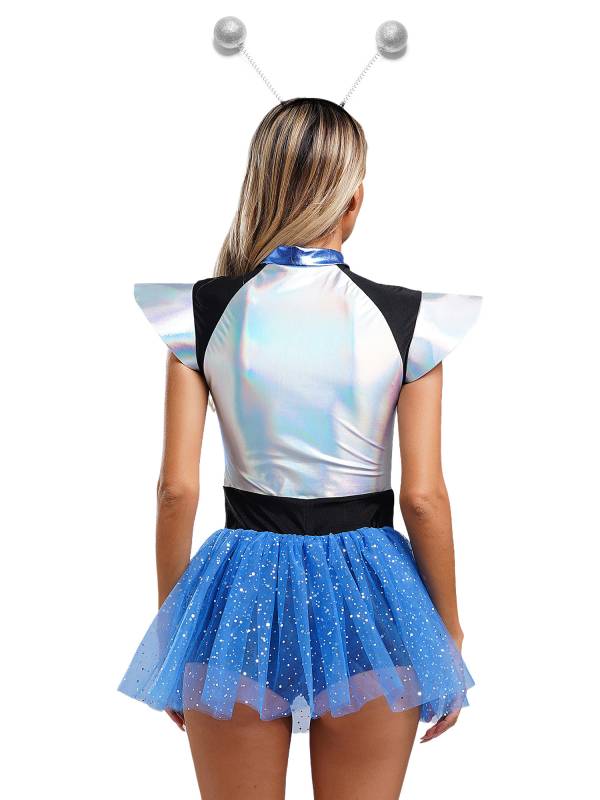 Women Cap Sleeve Front Zip Sequin Tulle Tutu Dress with Headband Alien Costume thumb