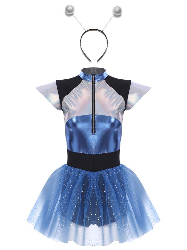 Women Cap Sleeve Front Zip Sequin Tulle Tutu Dress with Headband Alien Costume thumb