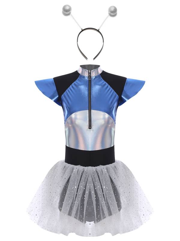 Women Cap Sleeve Front Zip Sequin Tulle Tutu Dress with Headband Alien Costume thumb