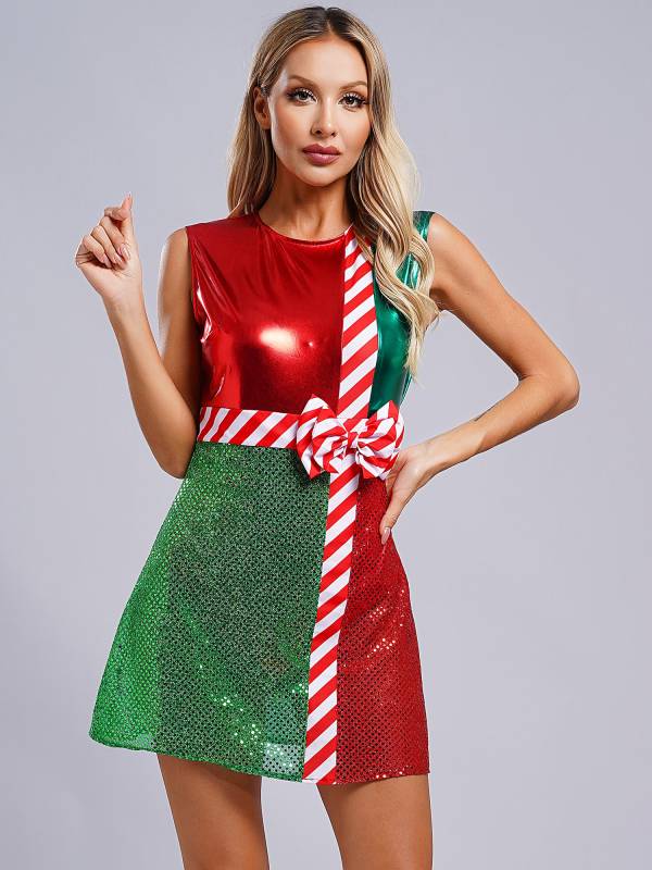 Women Metallic Sequins Christmas Round Neck Sleeveless Bowknot A-line Dress thumb