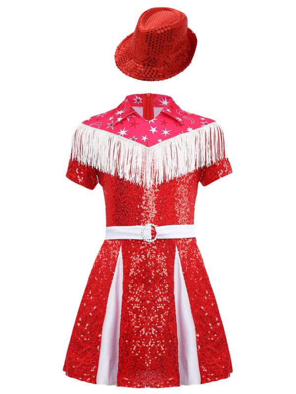 Kids Girl Short Sleeve Fringe Sequins Pleated Cowgirl Costume Dress with Hat thumb