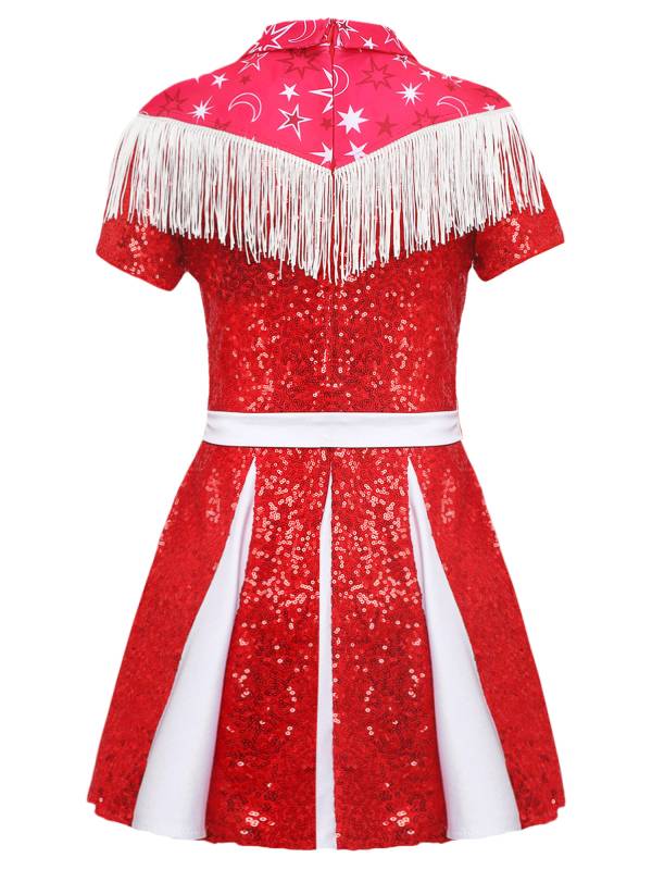 Kids Girl Short Sleeve Fringe Sequins Pleated Cowgirl Costume Dress with Hat thumb