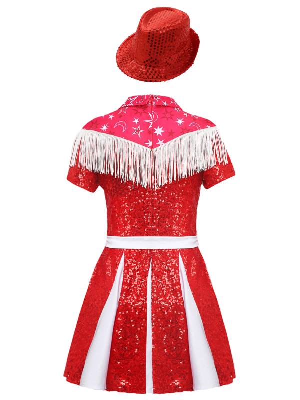 Kids Girl Short Sleeve Fringe Sequins Pleated Cowgirl Costume Dress with Hat thumb