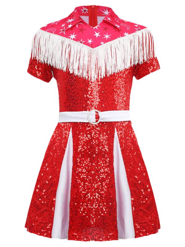 Kids Girl Short Sleeve Fringe Sequins Pleated Cowgirl Costume Dress with Hat thumb