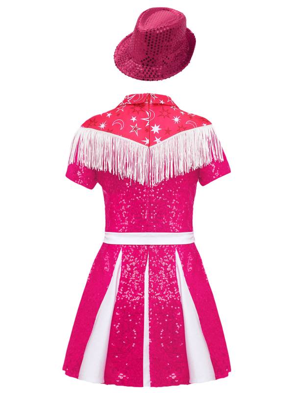 Kids Girl Short Sleeve Fringe Sequins Pleated Cowgirl Costume Dress with Hat thumb