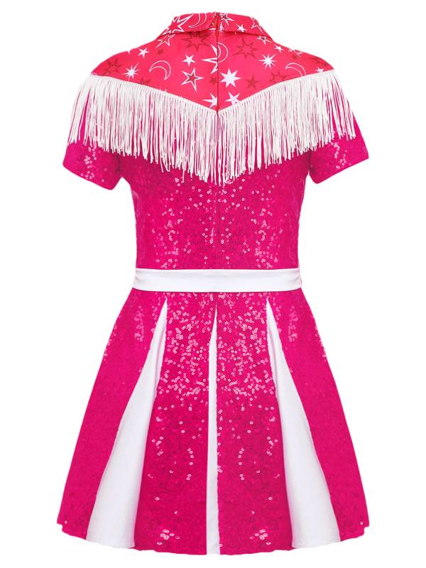 Kids Girl Short Sleeve Fringe Sequins Pleated Cowgirl Costume Dress with Hat thumb