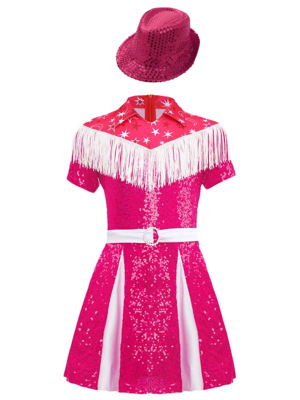 Kids Girl Short Sleeve Fringe Sequins Pleated Cowgirl Costume Dress with Hat thumb