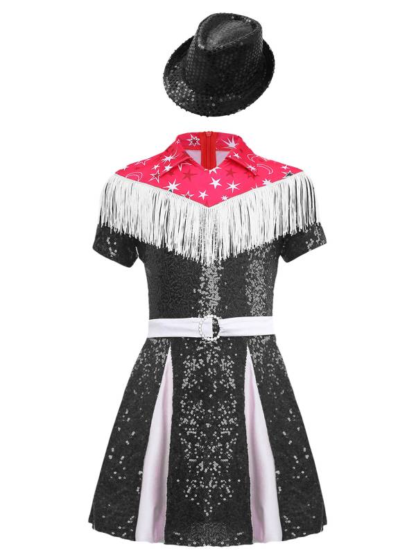 Kids Girl Short Sleeve Fringe Sequins Pleated Cowgirl Costume Dress with Hat thumb