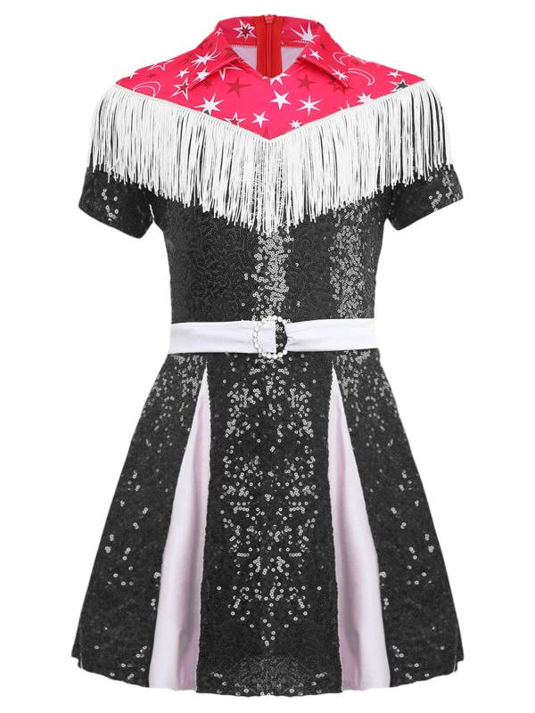 Kids Girl Short Sleeve Fringe Sequins Pleated Cowgirl Costume Dress with Hat thumb