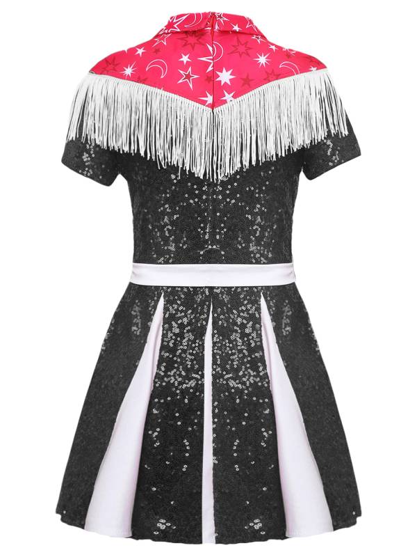 Kids Girl Short Sleeve Fringe Sequins Pleated Cowgirl Costume Dress with Hat thumb