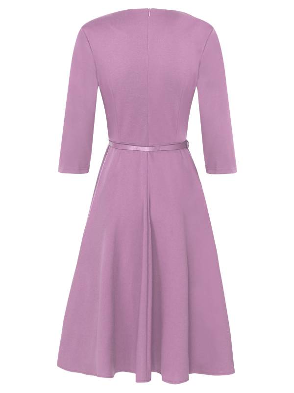 Women Lapel V Neck 3/4 Sleeve High Waist Wrap A-line Dress with Belt thumb