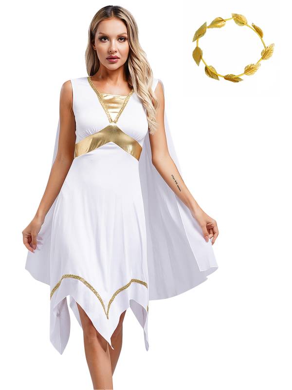 Women Ancient Greek Toga Asymmetrical Tunic Dress with Headwear thumb