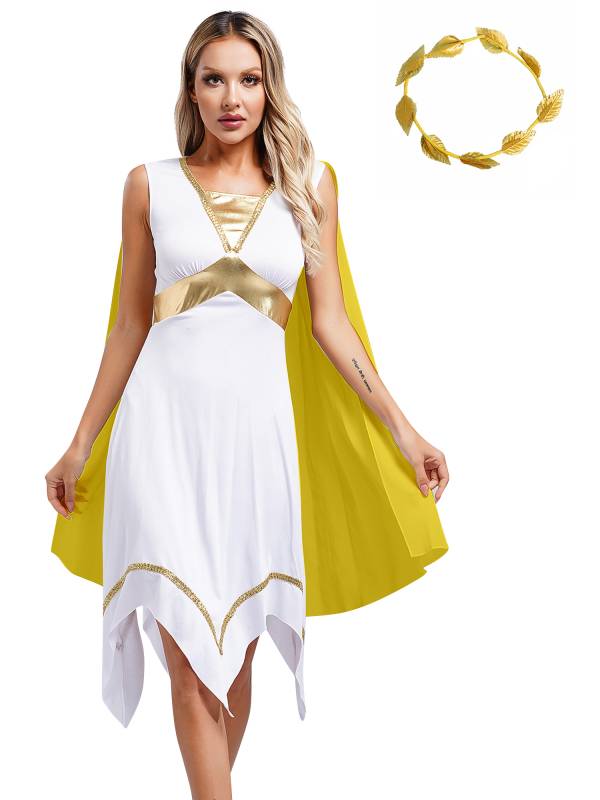 Women Ancient Greek Toga Asymmetrical Tunic Dress with Headwear thumb