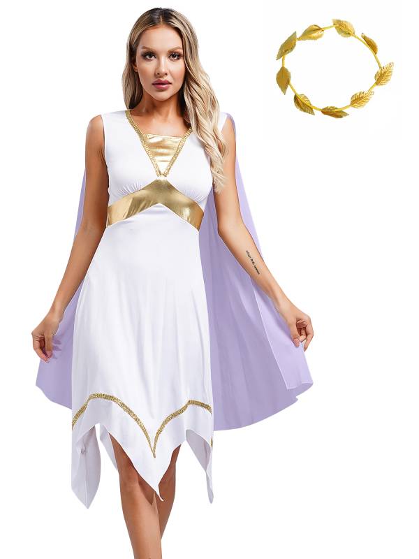 Women Ancient Greek Toga Asymmetrical Tunic Dress with Headwear thumb