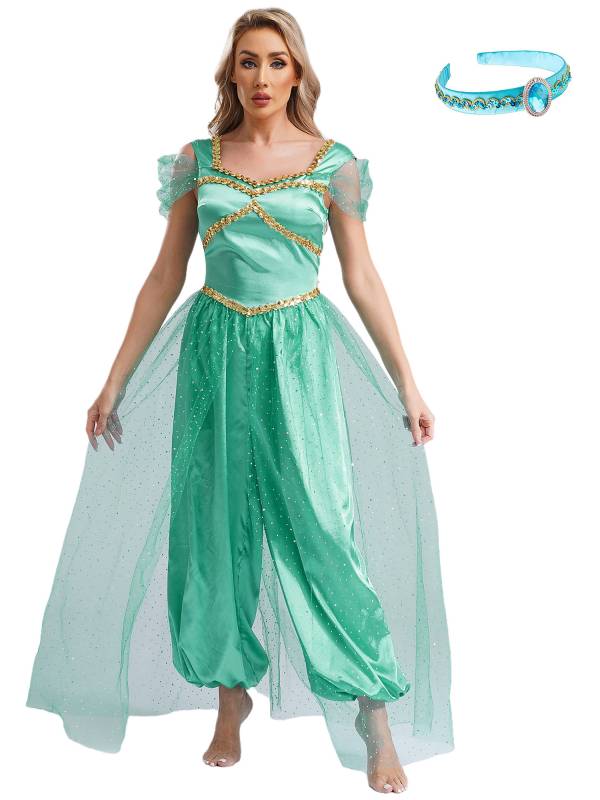 Women Belly Dance Sequin Tulle Jumpsuit with Headband Aladdin Costume thumb