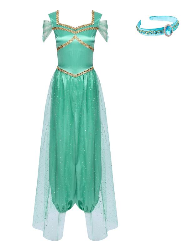 Women Belly Dance Sequin Tulle Jumpsuit with Headband Aladdin Costume thumb