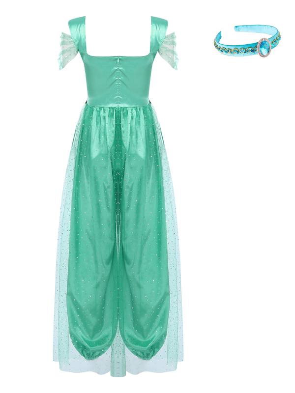 Women Belly Dance Sequin Tulle Jumpsuit with Headband Aladdin Costume thumb