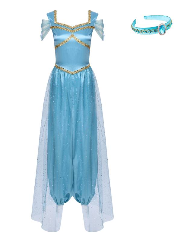 Women Belly Dance Sequin Tulle Jumpsuit with Headband Aladdin Costume thumb