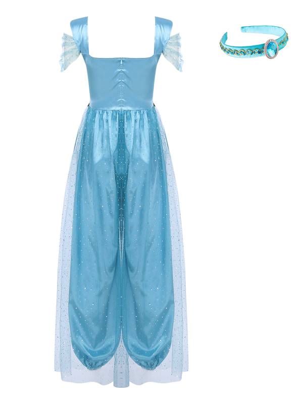 Women Belly Dance Sequin Tulle Jumpsuit with Headband Aladdin Costume thumb