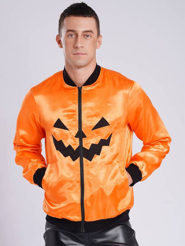 Men Halloween Costume Long Sleeve Front Zipper Pumpkin Face Print Coat thumb