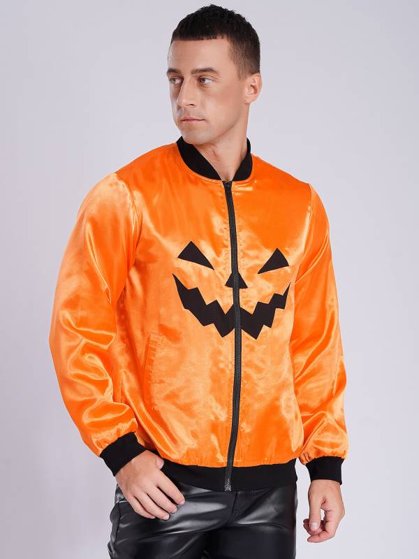 Men Halloween Costume Long Sleeve Front Zipper Pumpkin Face Print Coat thumb