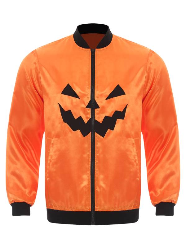 Men Halloween Costume Long Sleeve Front Zipper Pumpkin Face Print Coat thumb