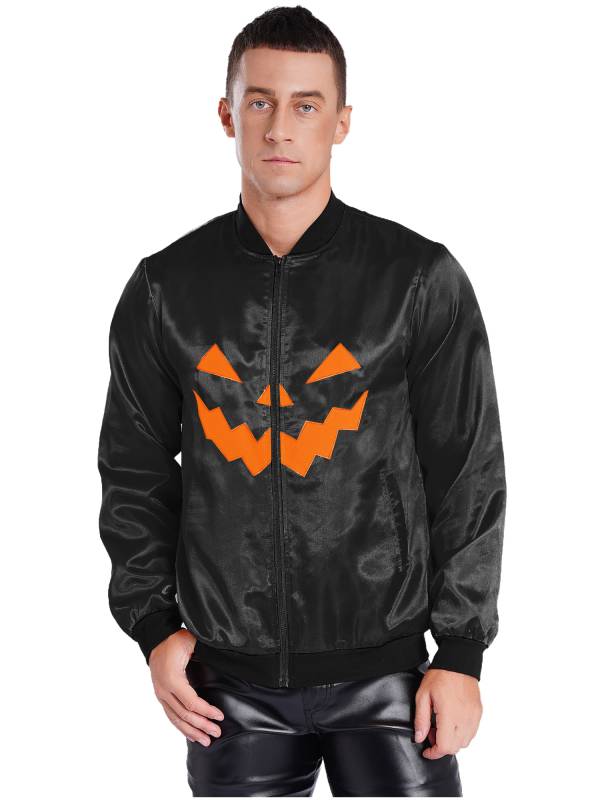 Men Halloween Costume Long Sleeve Front Zipper Pumpkin Face Print Coat thumb