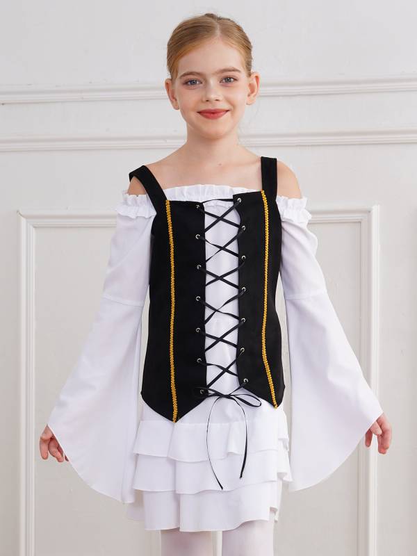 Girls 2pcs Long Sleeve Ruffle Dress and Suede Vest Halloween Pirate Costume Sets thumb