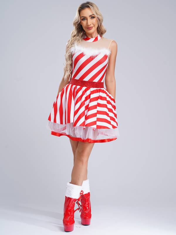 Women Christmas Candy Cane Costume Sleeveless Sequins Striped Tutu Dress thumb