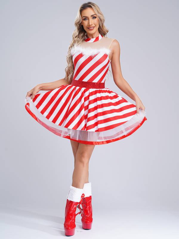 Women Christmas Candy Cane Costume Sleeveless Sequins Striped Tutu Dress thumb