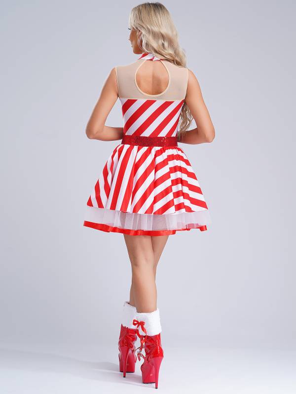 Women Christmas Candy Cane Costume Sleeveless Sequins Striped Tutu Dress thumb