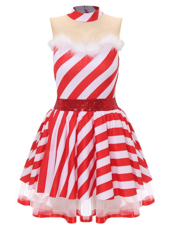 Women Christmas Candy Cane Costume Sleeveless Sequins Striped Tutu Dress thumb