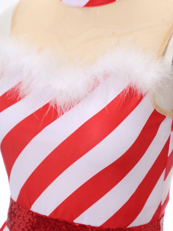 Women Christmas Candy Cane Costume Sleeveless Sequins Striped Tutu Dress thumb