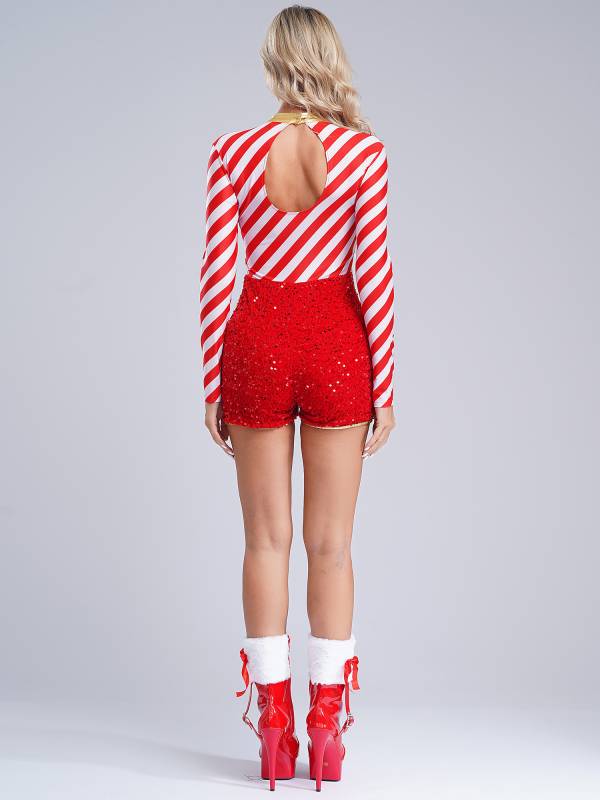 Women Long Sleeve Stripes Sequins Romper Christmas Candy Cane Costume thumb