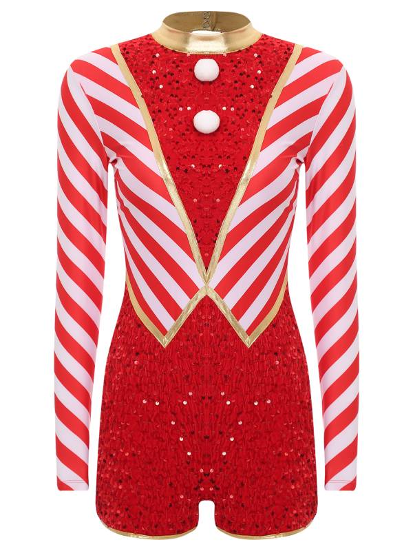 Women Long Sleeve Stripes Sequins Romper Christmas Candy Cane Costume thumb