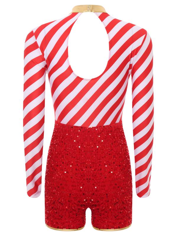 Women Long Sleeve Stripes Sequins Romper Christmas Candy Cane Costume thumb