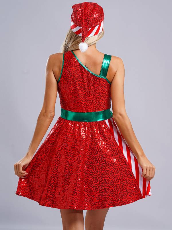 Women Christmas Sleeveless Sequins Stripes Dress with Hat Santa Claus Costume thumb