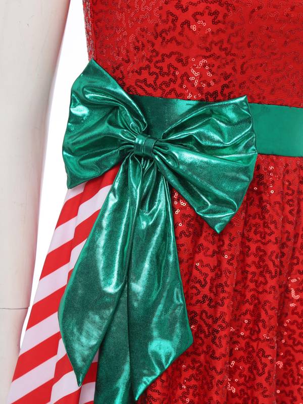 Women Christmas Sleeveless Sequins Stripes Dress with Hat Santa Claus Costume thumb