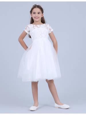 Kids Girls Lace and Mesh White Princess Party Dresses back image