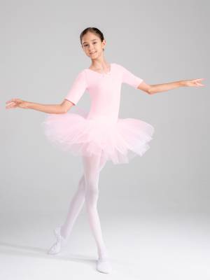 Kids Girls Short Sleeve Cotton Tulle Ballet Dance Tutu Dress back image