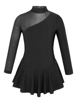 Kids Girls Long Sleeves Tulle Ice Skating Roller Skating Leotard Dress front image