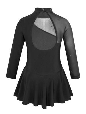 Kids Girls Long Sleeves Tulle Ice Skating Roller Skating Leotard Dress back image