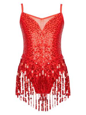 Kids Girls Sleeveless Sequin Tassel Latin Dance Leotards front image