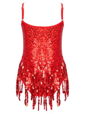 Kids Girls Sleeveless Sequin Tassel Latin Dance Leotards back image