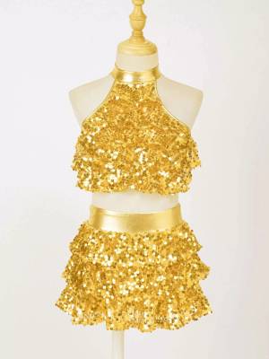 Kids Girls Sequin Backless Crop Top and Skirt Jazz Dance Sets back image