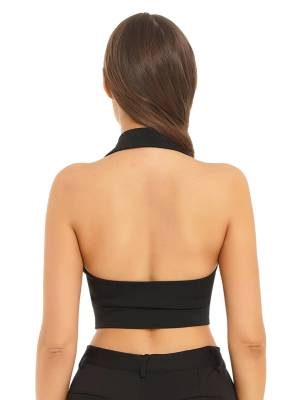 Women Halter Backless Front Button Vest Top back image