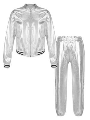 Kids Girls Metallic Zipper Jacket and Pants Sport Sets front image