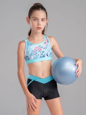 Kids Girls 2pcs Sleeveless U Neck Crop Top and Shorts Sports Set front image